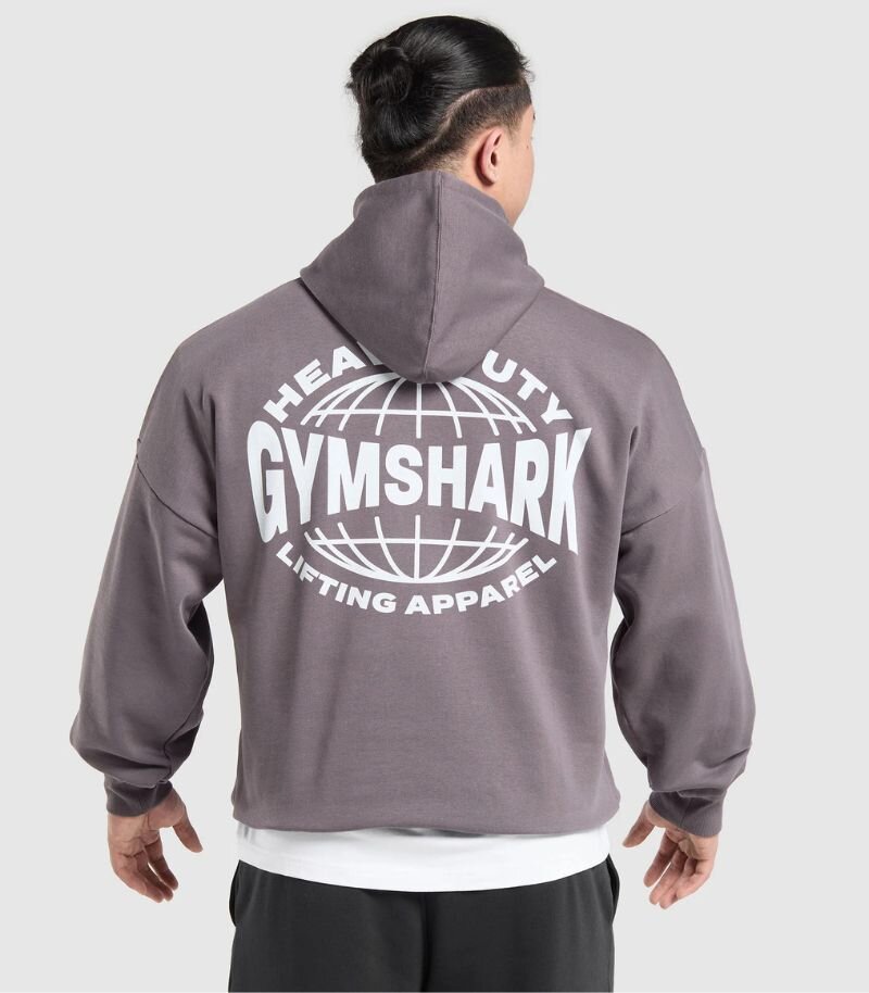 mens grey gymshark hoodie with graphic detail on back